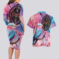 Kenya Lilac-Breasted Roller Couples Matching Long Sleeve Bodycon Dress and Hawaiian Shirt Coat Of Arms Mix Orchid - Wonder Print Shop