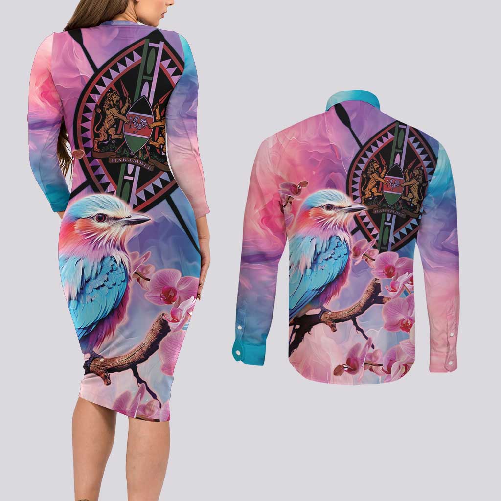 Kenya Lilac-Breasted Roller Couples Matching Long Sleeve Bodycon Dress and Long Sleeve Button Shirt Coat Of Arms Mix Orchid - Wonder Print Shop