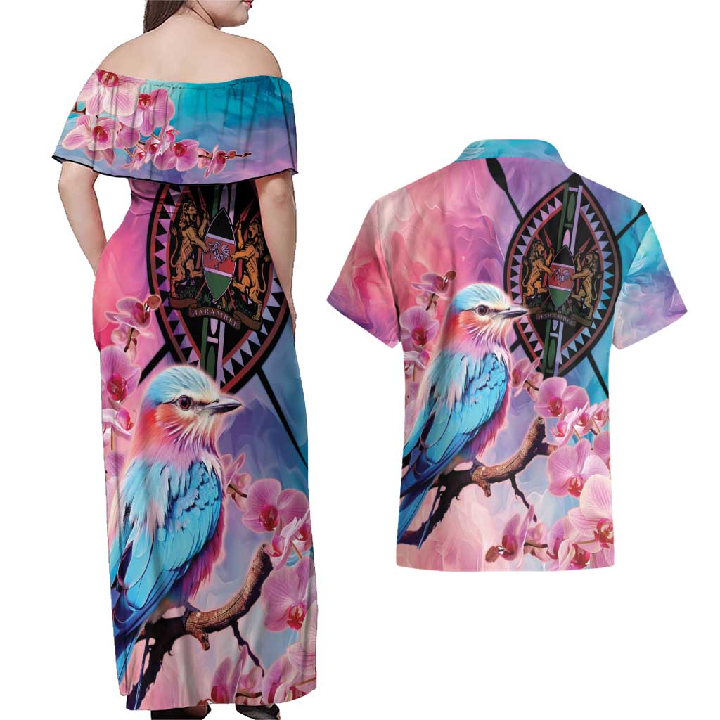 Kenya Lilac-Breasted Roller Couples Matching Off Shoulder Maxi Dress and Hawaiian Shirt Coat Of Arms Mix Orchid - Wonder Print Shop