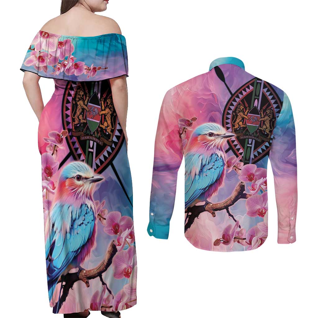 Kenya Lilac-Breasted Roller Couples Matching Off Shoulder Maxi Dress and Long Sleeve Button Shirt Coat Of Arms Mix Orchid - Wonder Print Shop