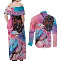Kenya Lilac-Breasted Roller Couples Matching Off Shoulder Maxi Dress and Long Sleeve Button Shirt Coat Of Arms Mix Orchid - Wonder Print Shop