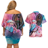 Kenya Lilac-Breasted Roller Couples Matching Off Shoulder Short Dress and Hawaiian Shirt Coat Of Arms Mix Orchid - Wonder Print Shop