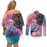 Kenya Lilac-Breasted Roller Couples Matching Off Shoulder Short Dress and Long Sleeve Button Shirt Coat Of Arms Mix Orchid - Wonder Print Shop