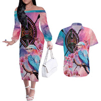 Kenya Lilac-Breasted Roller Couples Matching Off The Shoulder Long Sleeve Dress and Hawaiian Shirt Coat Of Arms Mix Orchid - Wonder Print Shop