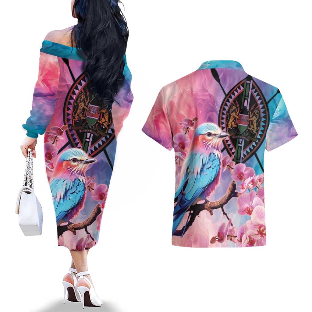 Kenya Lilac-Breasted Roller Couples Matching Off The Shoulder Long Sleeve Dress and Hawaiian Shirt Coat Of Arms Mix Orchid - Wonder Print Shop