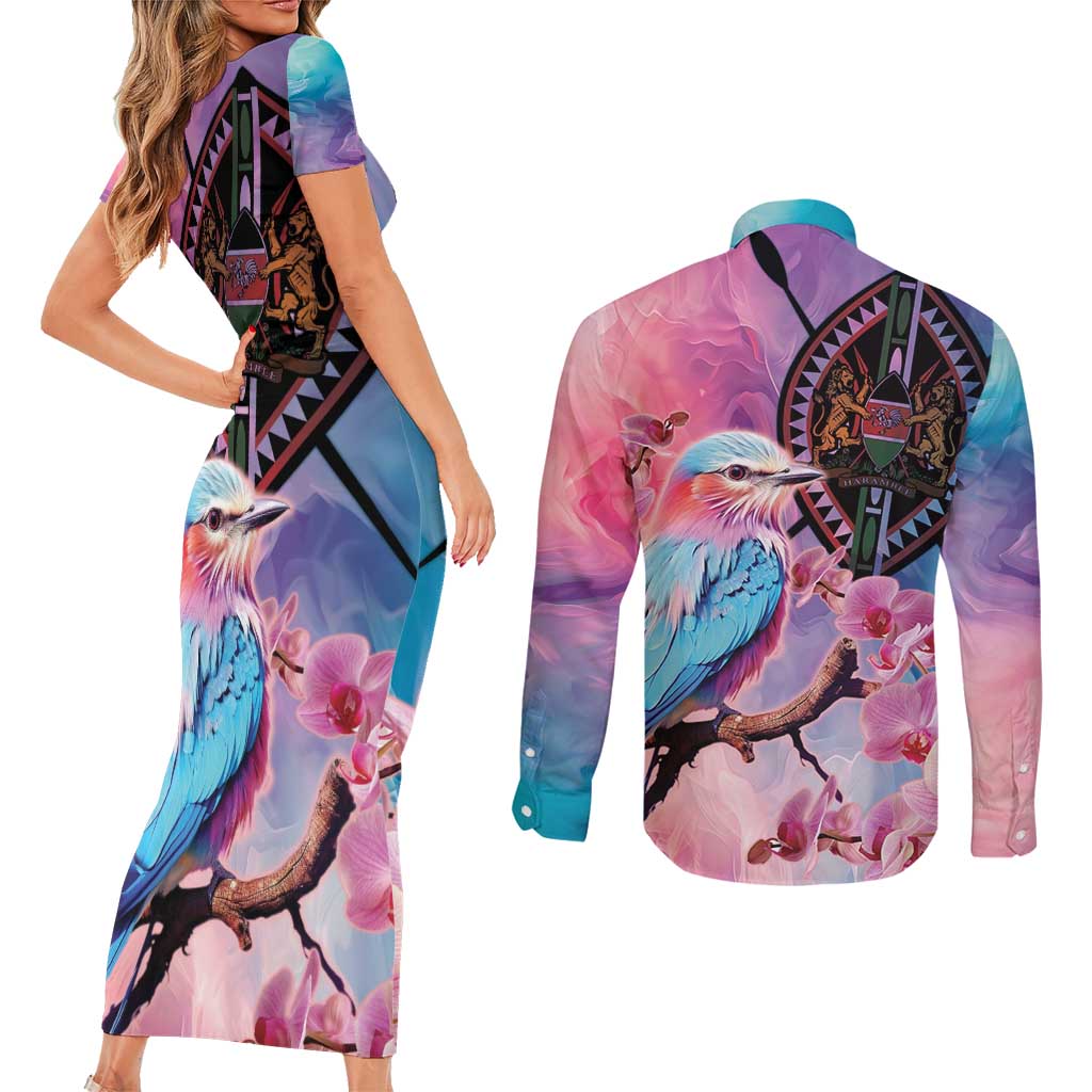 Kenya Lilac-Breasted Roller Couples Matching Short Sleeve Bodycon Dress and Long Sleeve Button Shirt Coat Of Arms Mix Orchid - Wonder Print Shop