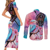 Kenya Lilac-Breasted Roller Couples Matching Short Sleeve Bodycon Dress and Long Sleeve Button Shirt Coat Of Arms Mix Orchid - Wonder Print Shop
