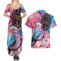 Kenya Lilac-Breasted Roller Couples Matching Summer Maxi Dress and Hawaiian Shirt Coat Of Arms Mix Orchid - Wonder Print Shop