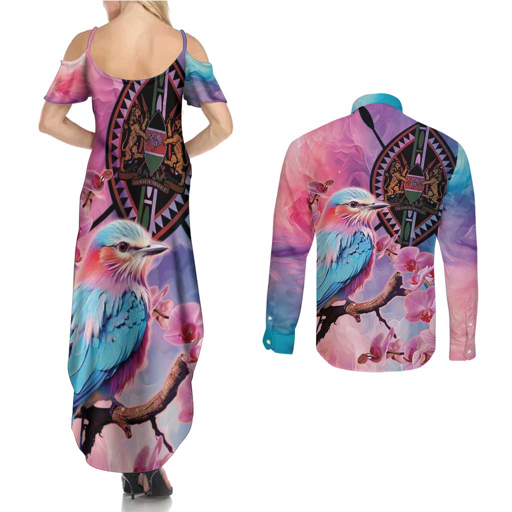 Kenya Lilac-Breasted Roller Couples Matching Summer Maxi Dress and Long Sleeve Button Shirt Coat Of Arms Mix Orchid - Wonder Print Shop