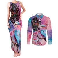 Kenya Lilac-Breasted Roller Couples Matching Tank Maxi Dress and Long Sleeve Button Shirt Coat Of Arms Mix Orchid - Wonder Print Shop