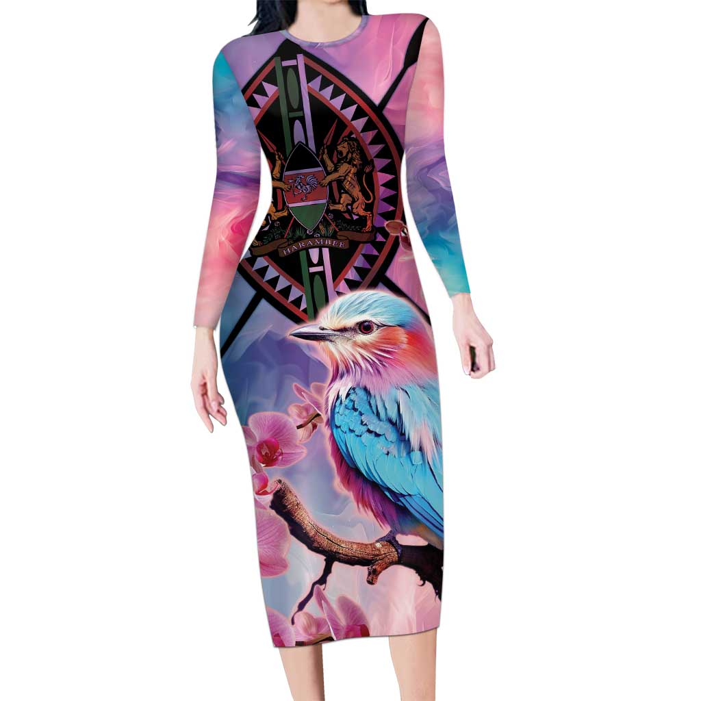 Kenya Lilac-Breasted Roller Family Matching Long Sleeve Bodycon Dress and Hawaiian Shirt Coat Of Arms Mix Orchid - Wonder Print Shop