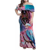 Kenya Lilac-Breasted Roller Family Matching Off Shoulder Maxi Dress and Hawaiian Shirt Coat Of Arms Mix Orchid - Wonder Print Shop