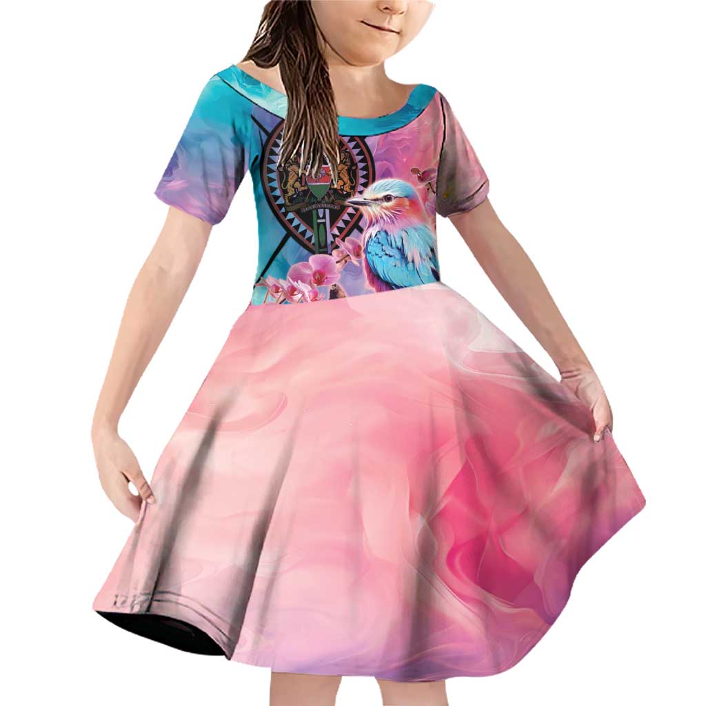 Kenya Lilac-Breasted Roller Family Matching Off Shoulder Short Dress and Hawaiian Shirt Coat Of Arms Mix Orchid - Wonder Print Shop