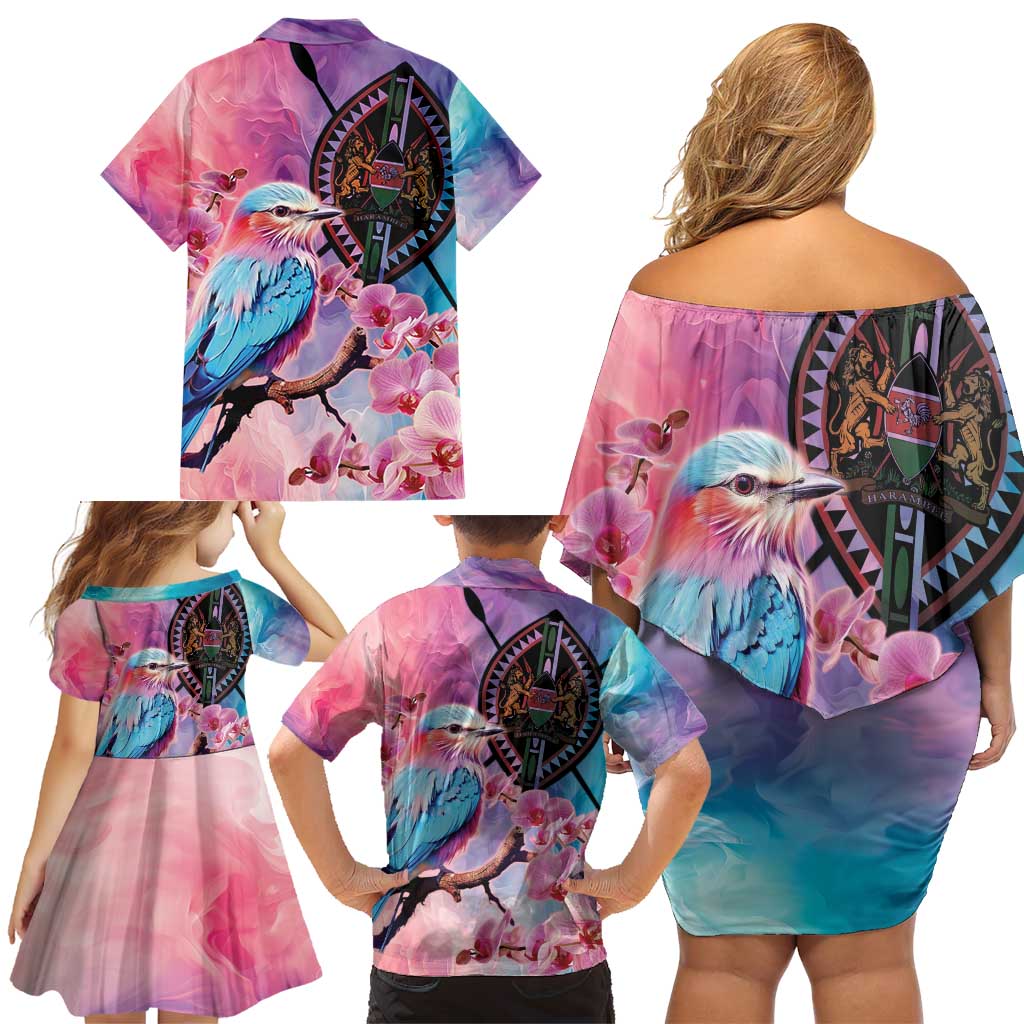 Kenya Lilac-Breasted Roller Family Matching Off Shoulder Short Dress and Hawaiian Shirt Coat Of Arms Mix Orchid - Wonder Print Shop