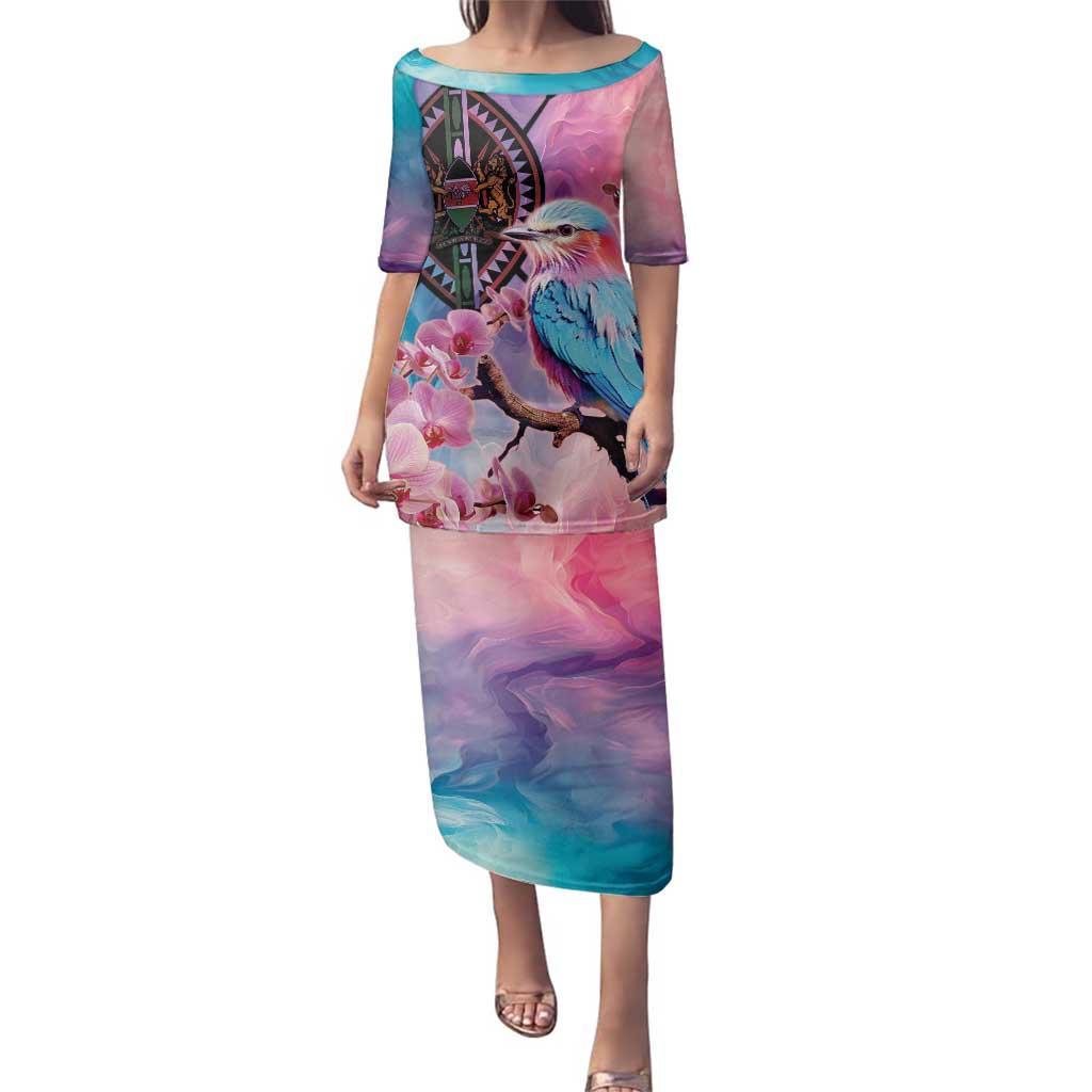 Kenya Lilac-Breasted Roller Family Matching Puletasi and Hawaiian Shirt Coat Of Arms Mix Orchid - Wonder Print Shop