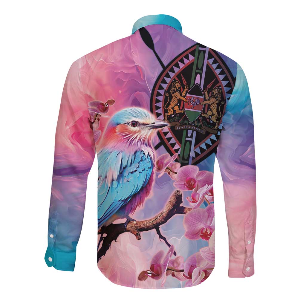 Kenya Lilac-Breasted Roller Long Sleeve Button Shirt Coat Of Arms Mix Orchid - Wonder Print Shop
