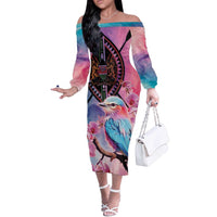 Kenya Lilac-Breasted Roller Off The Shoulder Long Sleeve Dress Coat Of Arms Mix Orchid - Wonder Print Shop