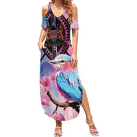Kenya Lilac-Breasted Roller Summer Maxi Dress Coat Of Arms Mix Orchid - Wonder Print Shop