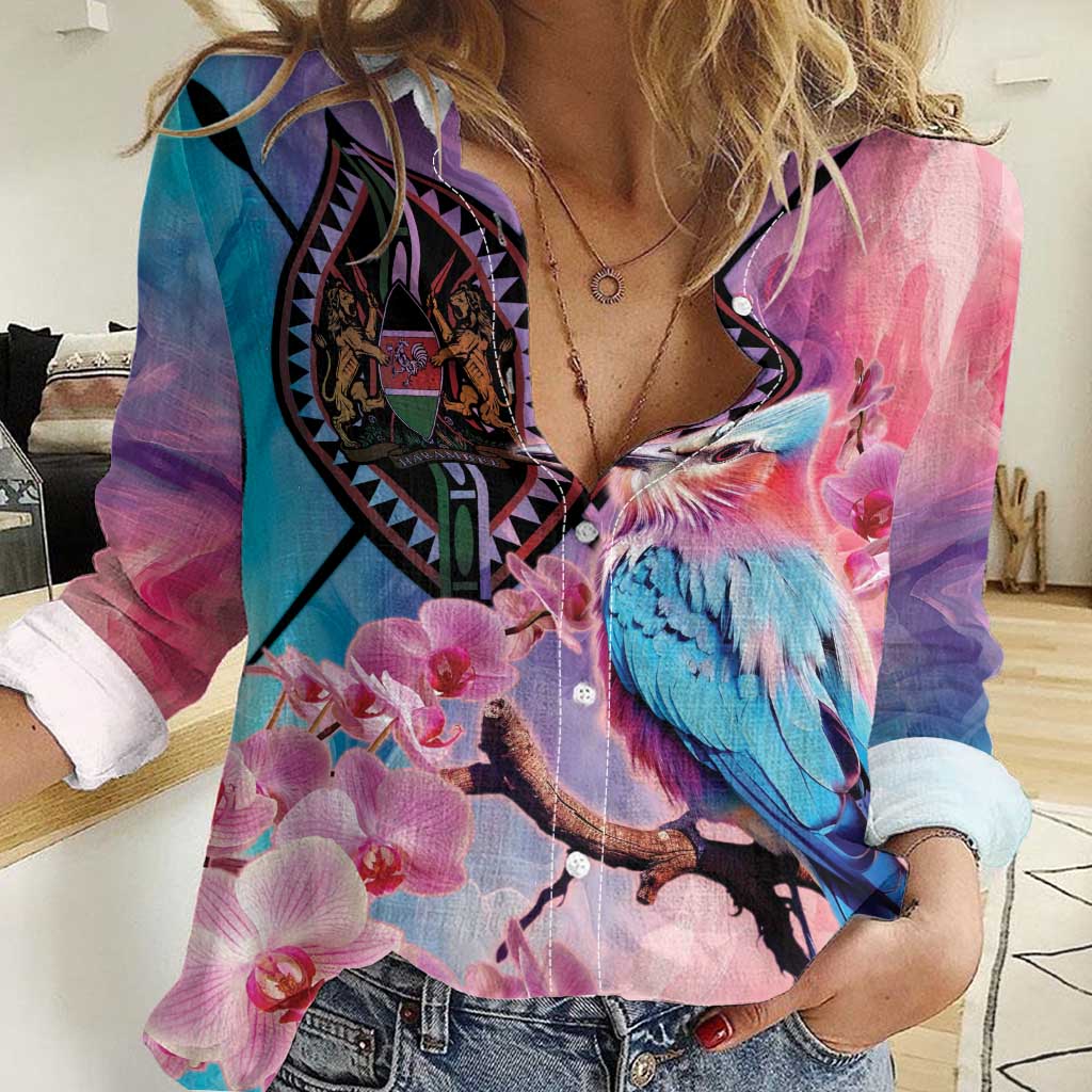 Kenya Lilac-Breasted Roller Women Casual Shirt Coat Of Arms Mix Orchid - Wonder Print Shop