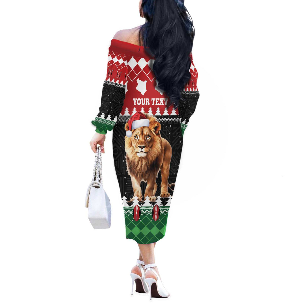 Personalized Kenya Christmas Off The Shoulder Long Sleeve Dress Lion Santa - Heri Ya Krismasi! - Wonder Print Shop