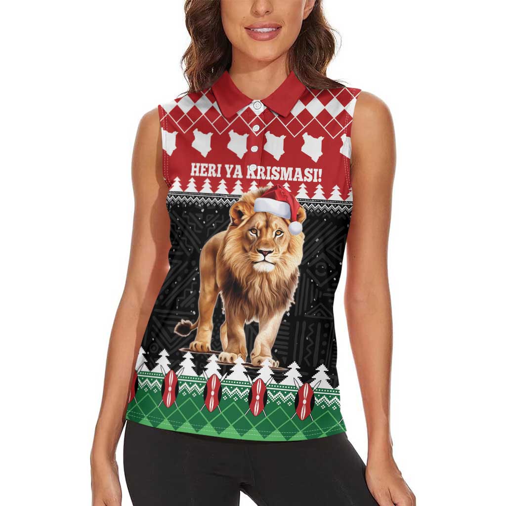 Personalized Kenya Christmas Women Sleeveless Polo Shirt Lion Santa - Heri Ya Krismasi! - Wonder Print Shop