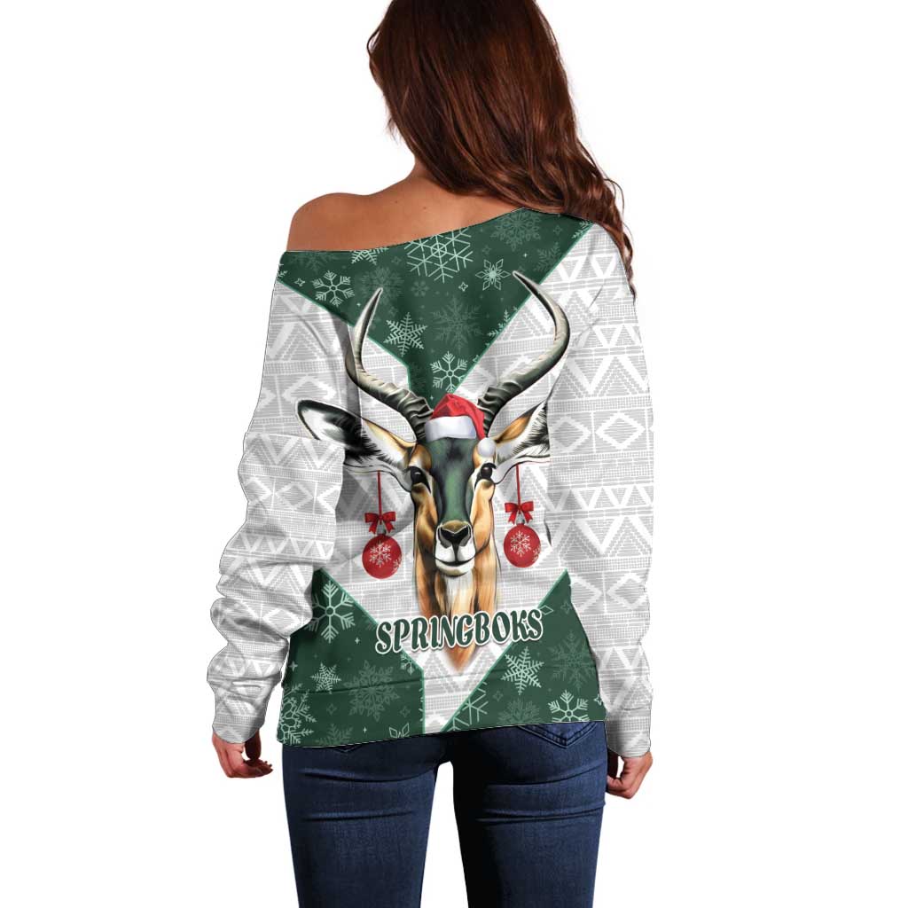 South Africa Springboks Christmas Off Shoulder Sweater Bokke Santa - Geseende Kersfees - Wonder Print Shop