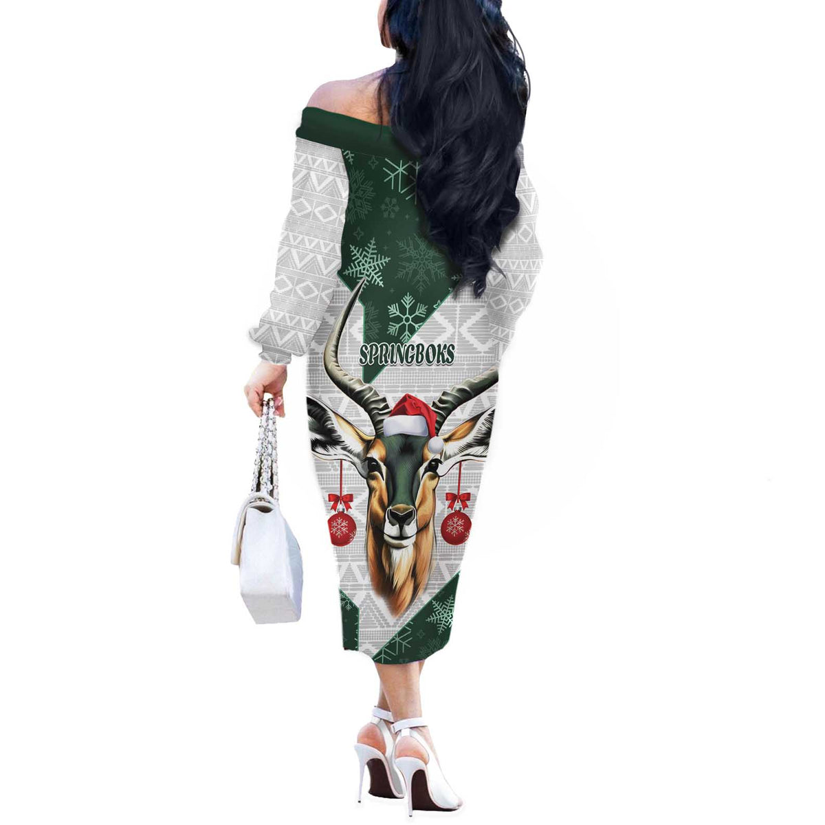 South Africa Springboks Christmas Off The Shoulder Long Sleeve Dress Bokke Santa - Geseende Kersfees - Wonder Print Shop