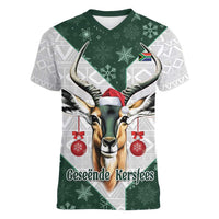 South Africa Springboks Christmas Women V-Neck T-Shirt Bokke Santa - Geseende Kersfees - Wonder Print Shop