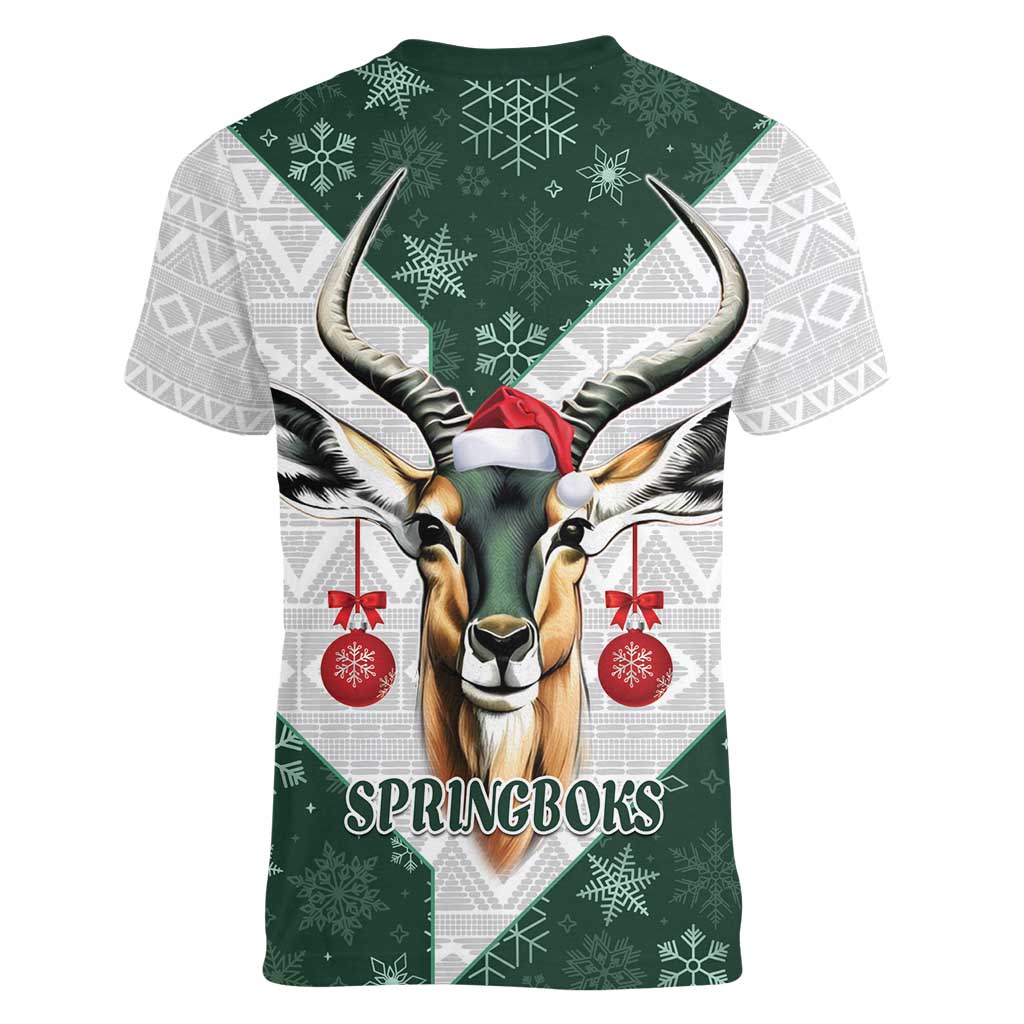 South Africa Springboks Christmas Women V-Neck T-Shirt Bokke Santa - Geseende Kersfees - Wonder Print Shop