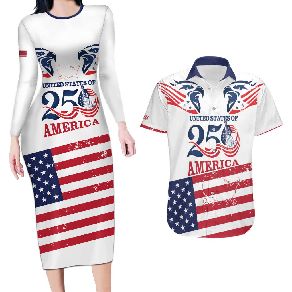Personalized United States 250th Anniversary Couples Matching Long Sleeve Bodycon Dress and Hawaiian Shirt USA 4th Of July Proud - Wonder Print Shop