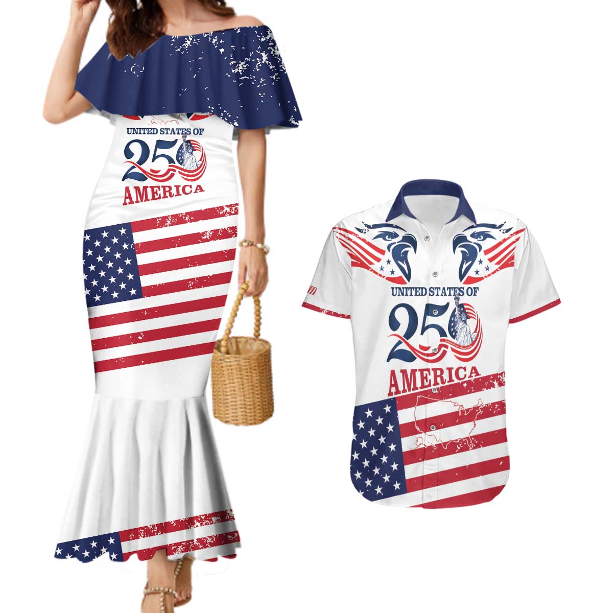 Personalized United States 250th Anniversary Couples Matching Mermaid Dress and Hawaiian Shirt USA 4th Of July Proud - Wonder Print Shop