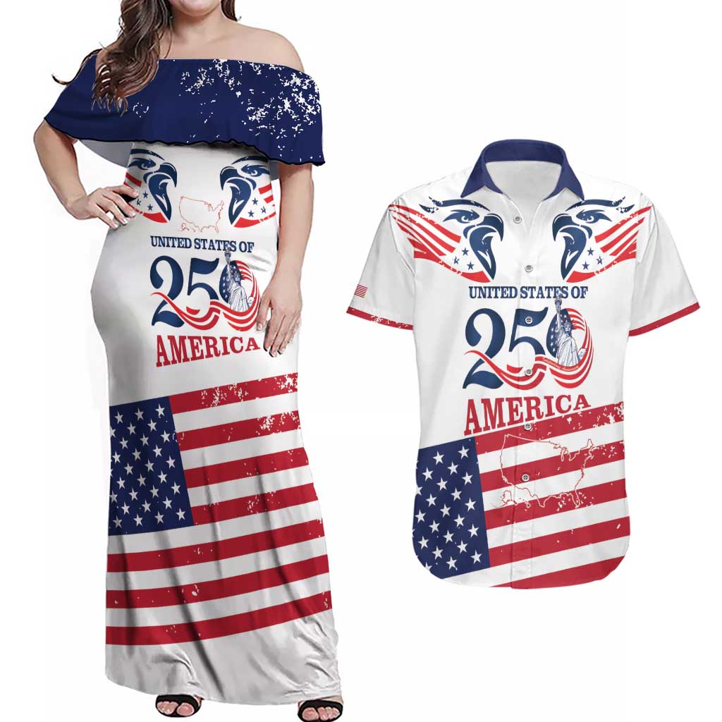 Personalized United States 250th Anniversary Couples Matching Off Shoulder Maxi Dress and Hawaiian Shirt USA 4th Of July Proud - Wonder Print Shop