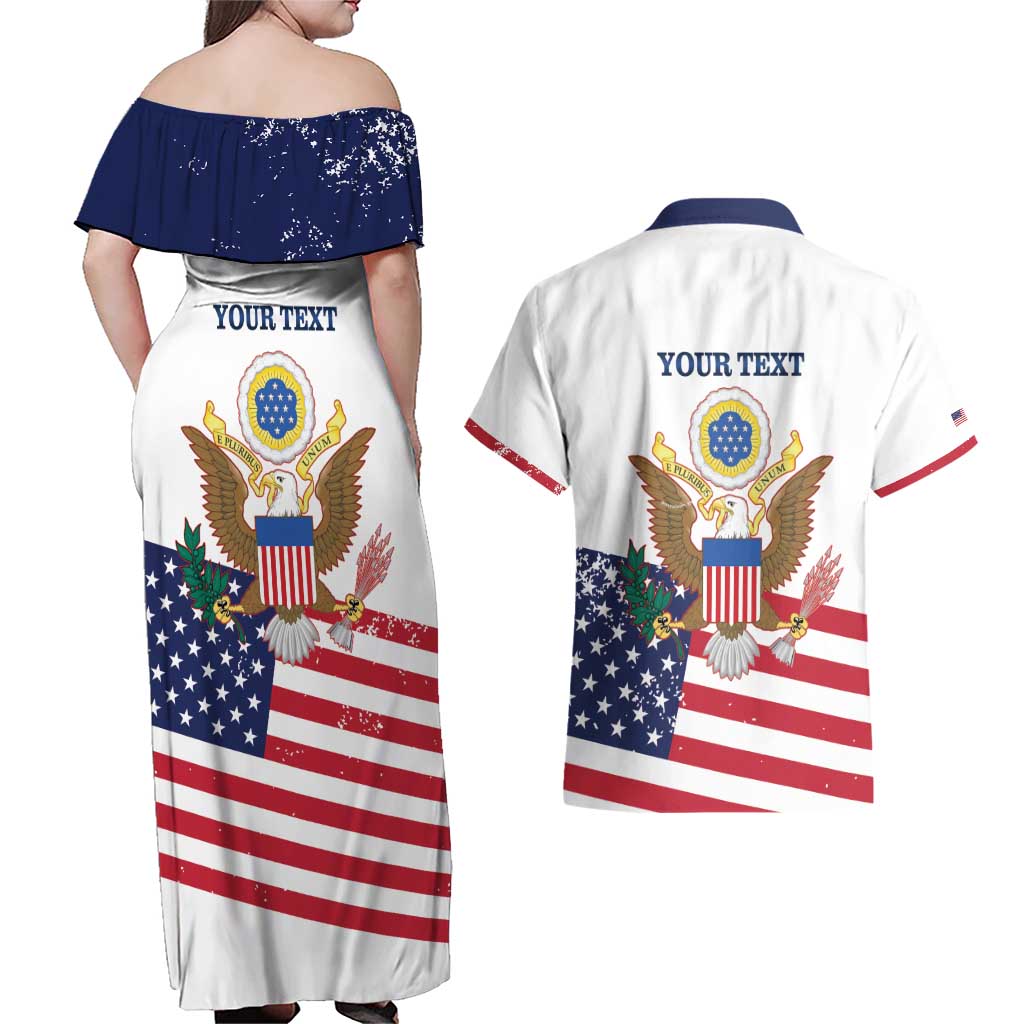 Personalized United States 250th Anniversary Couples Matching Off Shoulder Maxi Dress and Hawaiian Shirt USA 4th Of July Proud - Wonder Print Shop
