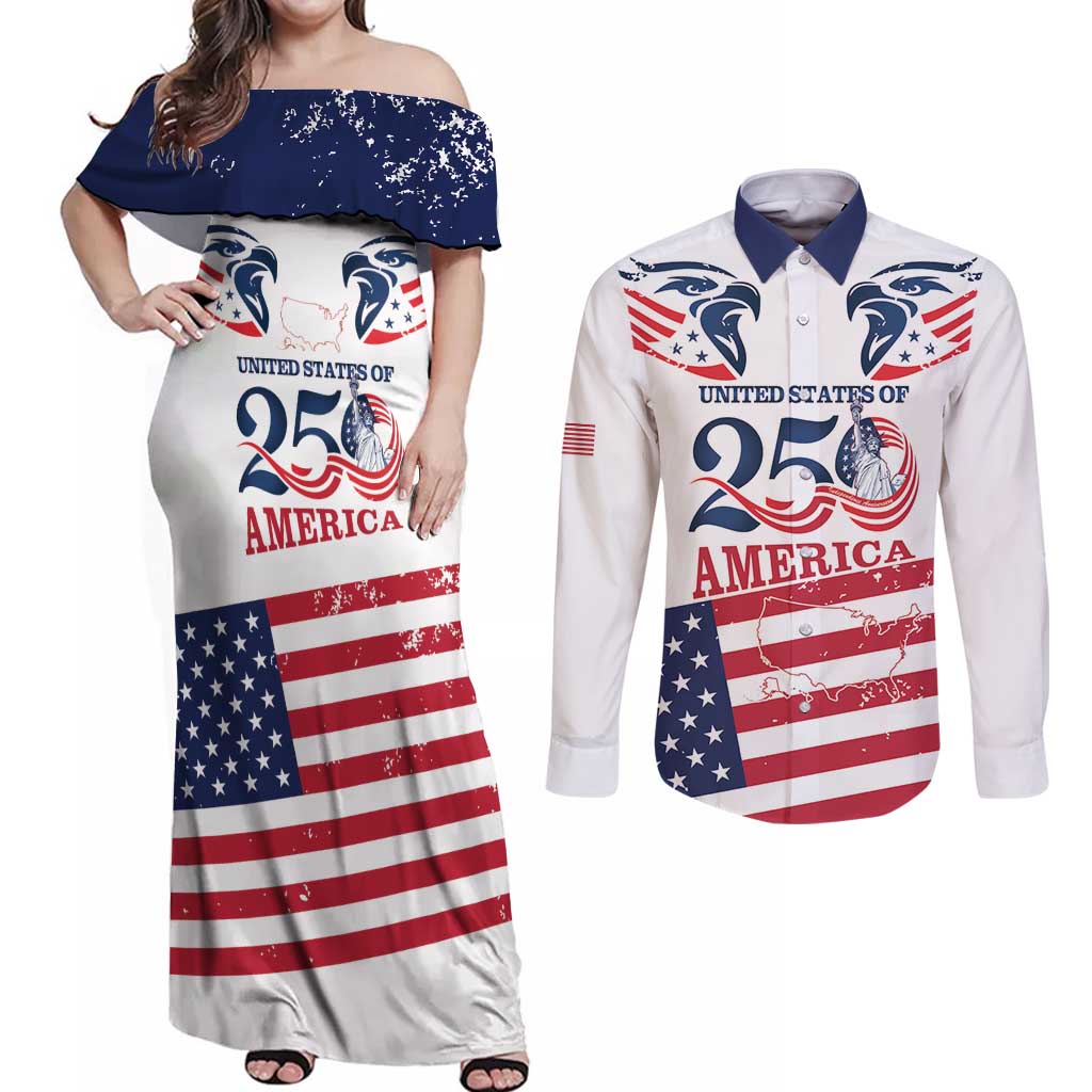 Personalized United States 250th Anniversary Couples Matching Off Shoulder Maxi Dress and Long Sleeve Button Shirt USA 4th Of July Proud - Wonder Print Shop