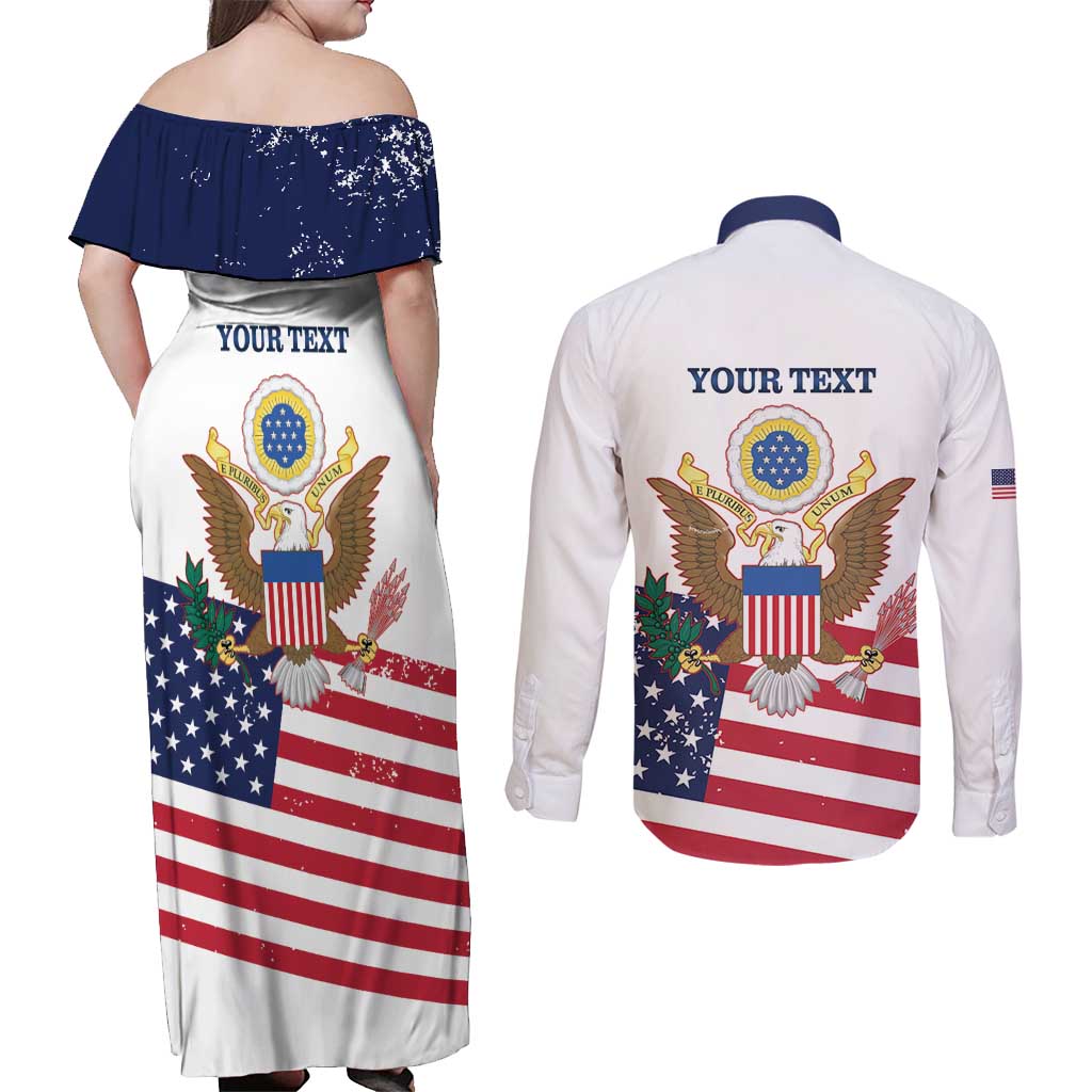 Personalized United States 250th Anniversary Couples Matching Off Shoulder Maxi Dress and Long Sleeve Button Shirt USA 4th Of July Proud - Wonder Print Shop