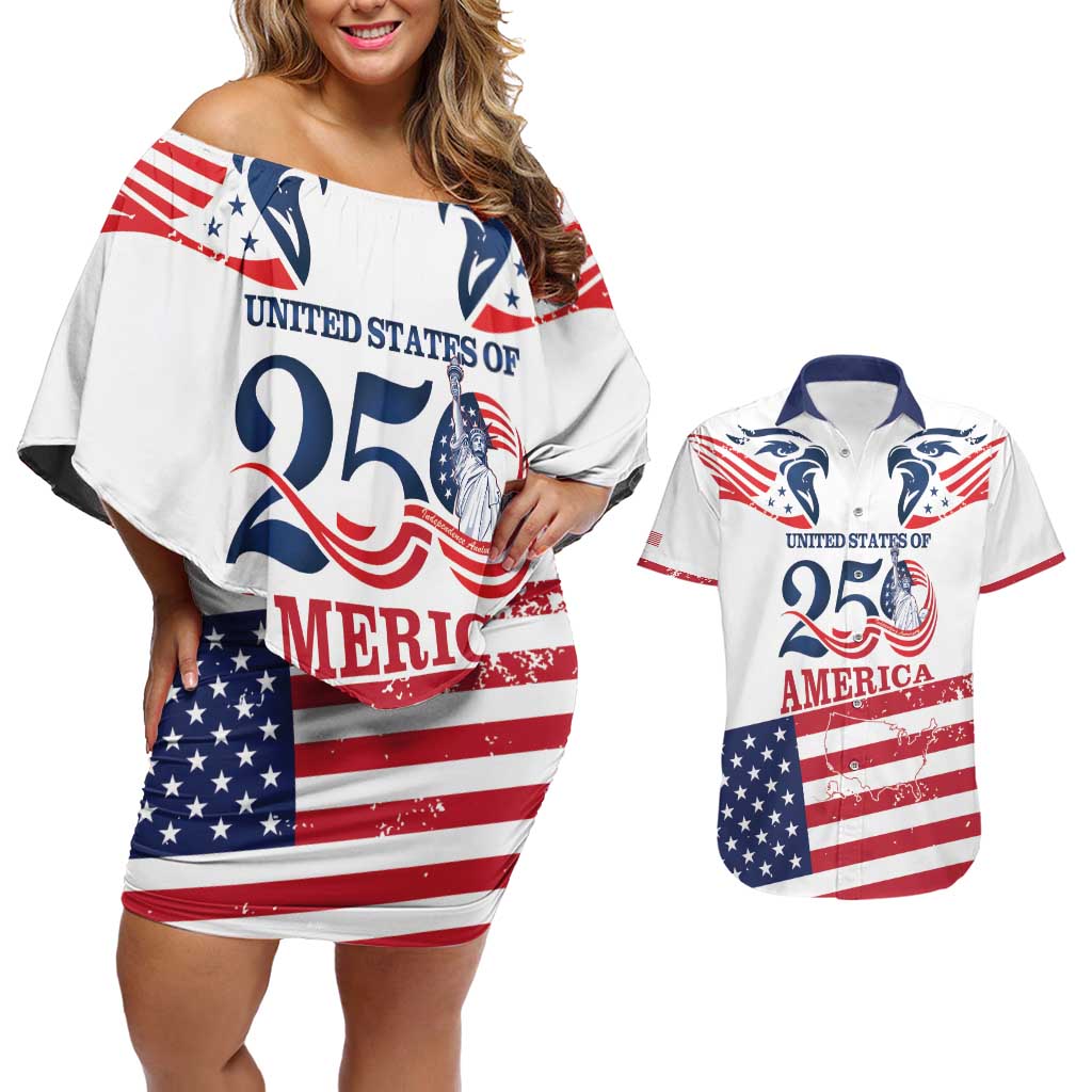 Personalized United States 250th Anniversary Couples Matching Off Shoulder Short Dress and Hawaiian Shirt USA 4th Of July Proud - Wonder Print Shop