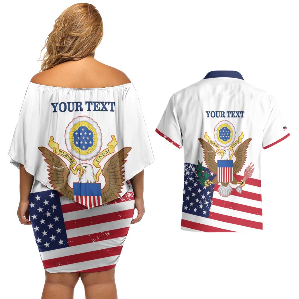 Personalized United States 250th Anniversary Couples Matching Off Shoulder Short Dress and Hawaiian Shirt USA 4th Of July Proud - Wonder Print Shop
