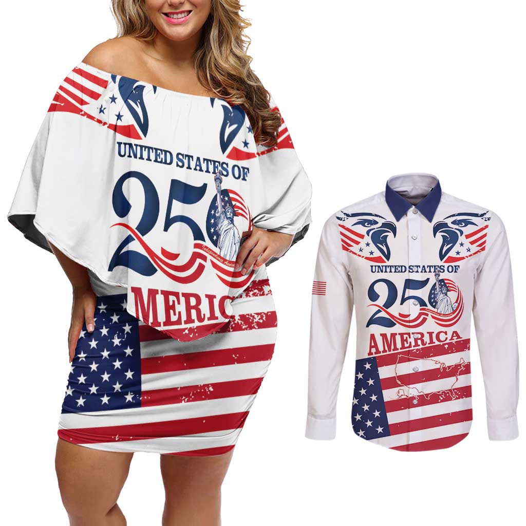 Personalized United States 250th Anniversary Couples Matching Off Shoulder Short Dress and Long Sleeve Button Shirt USA 4th Of July Proud - Wonder Print Shop