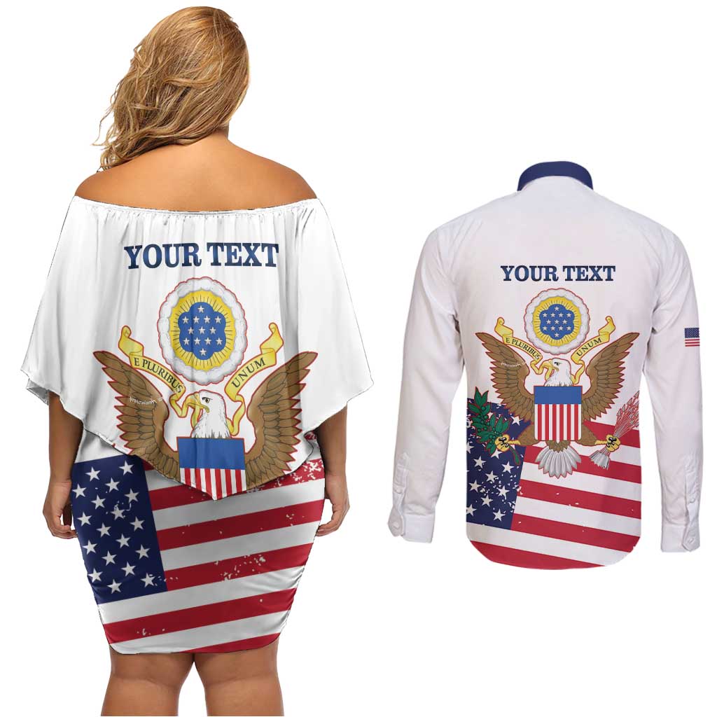 Personalized United States 250th Anniversary Couples Matching Off Shoulder Short Dress and Long Sleeve Button Shirt USA 4th Of July Proud - Wonder Print Shop