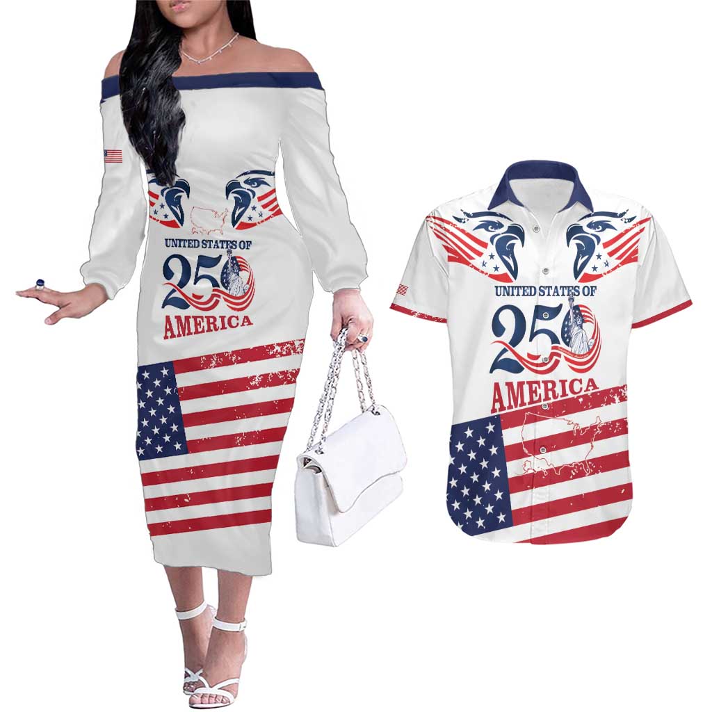 Personalized United States 250th Anniversary Couples Matching Off The Shoulder Long Sleeve Dress and Hawaiian Shirt USA 4th Of July Proud - Wonder Print Shop