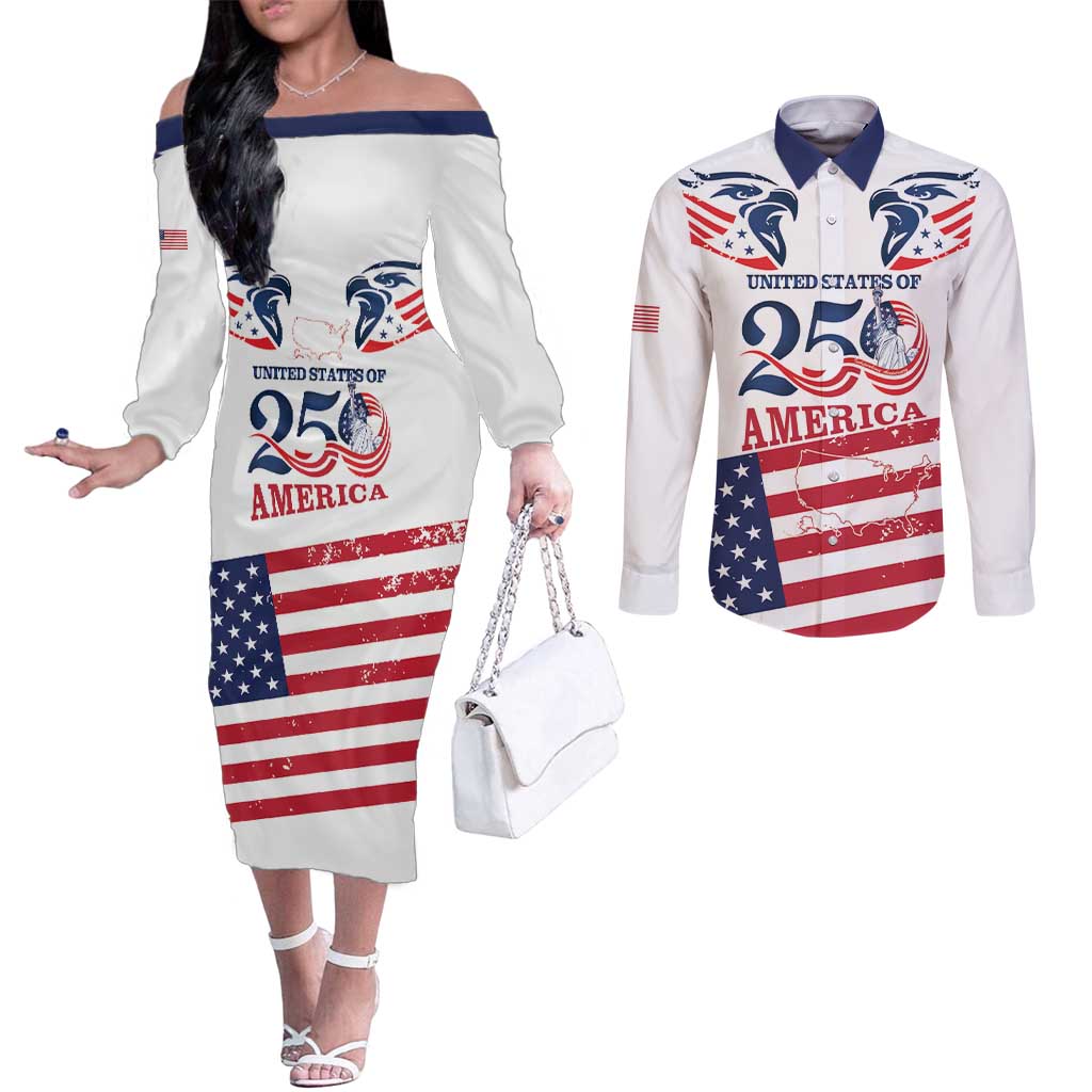 Personalized United States 250th Anniversary Couples Matching Off The Shoulder Long Sleeve Dress and Long Sleeve Button Shirt USA 4th Of July Proud - Wonder Print Shop