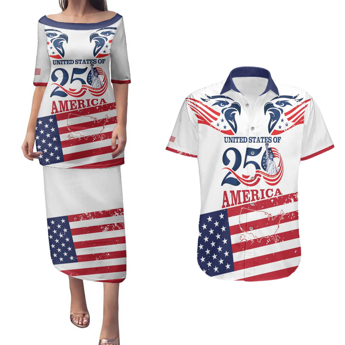 Personalized United States 250th Anniversary Couples Matching Puletasi and Hawaiian Shirt USA 4th Of July Proud - Wonder Print Shop