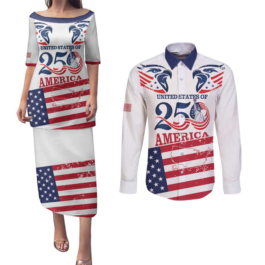 Personalized United States 250th Anniversary Couples Matching Puletasi and Long Sleeve Button Shirt USA 4th Of July Proud - Wonder Print Shop