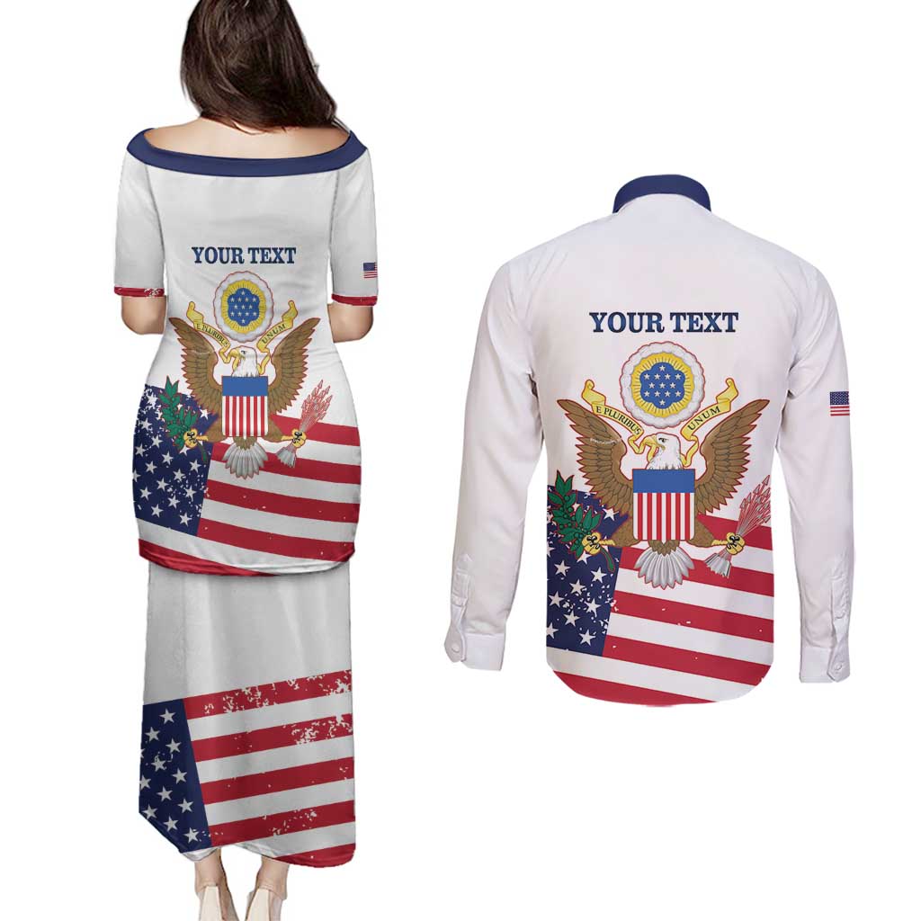 Personalized United States 250th Anniversary Couples Matching Puletasi and Long Sleeve Button Shirt USA 4th Of July Proud - Wonder Print Shop