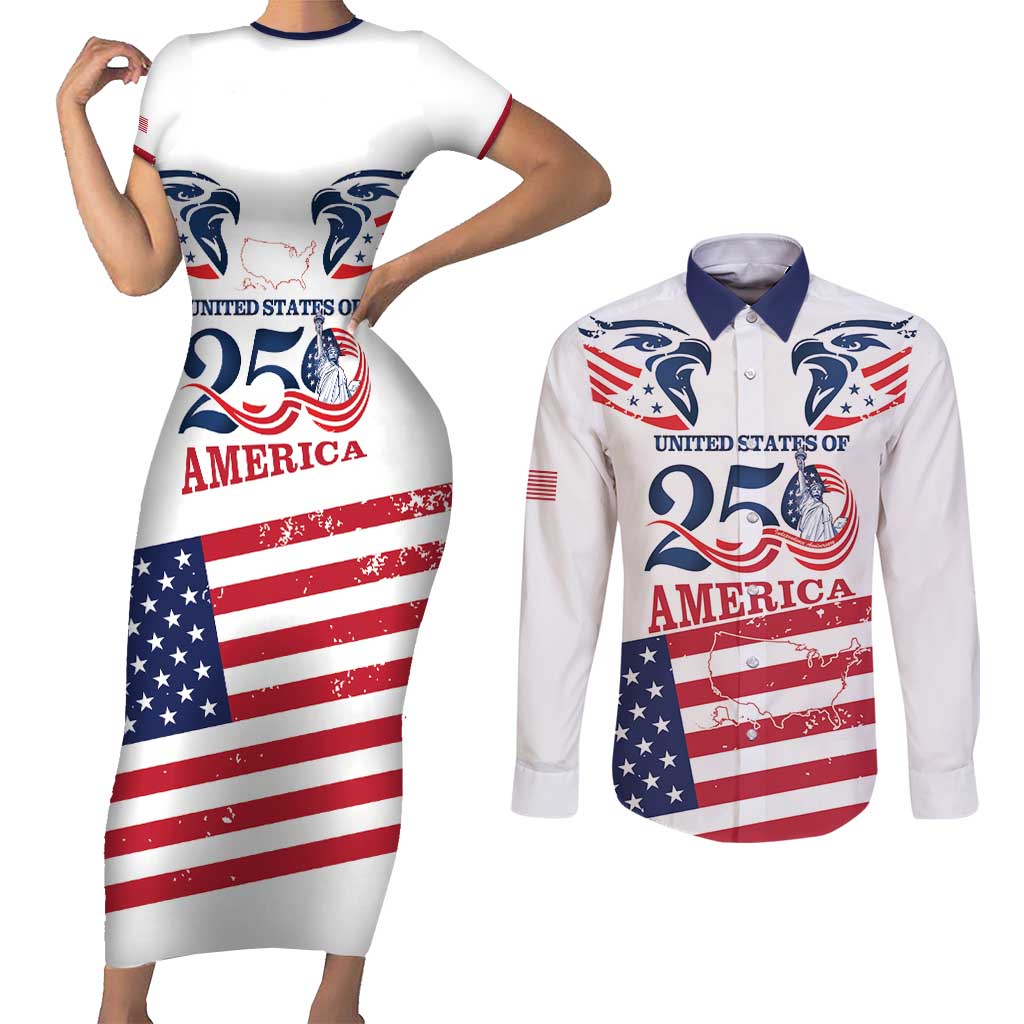 Personalized United States 250th Anniversary Couples Matching Short Sleeve Bodycon Dress and Long Sleeve Button Shirt USA 4th Of July Proud - Wonder Print Shop