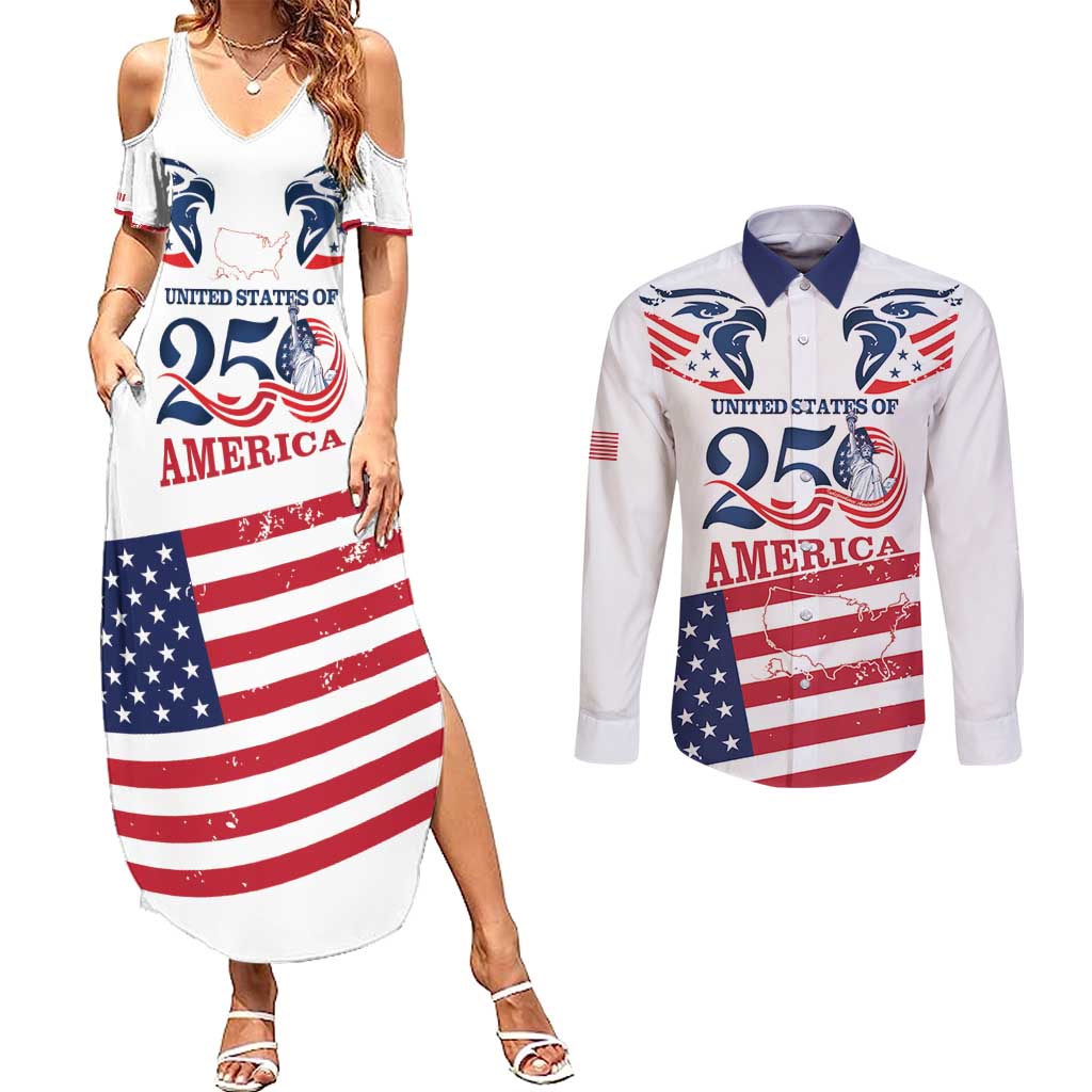 Personalized United States 250th Anniversary Couples Matching Summer Maxi Dress and Long Sleeve Button Shirt USA 4th Of July Proud - Wonder Print Shop