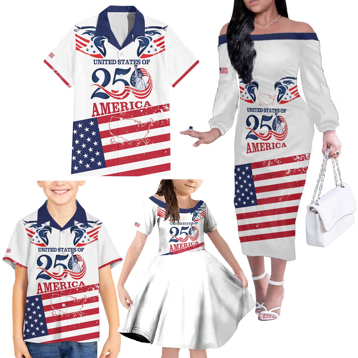 Personalized United States 250th Anniversary Family Matching Off The Shoulder Long Sleeve Dress and Hawaiian Shirt USA 4th Of July Proud - Wonder Print Shop
