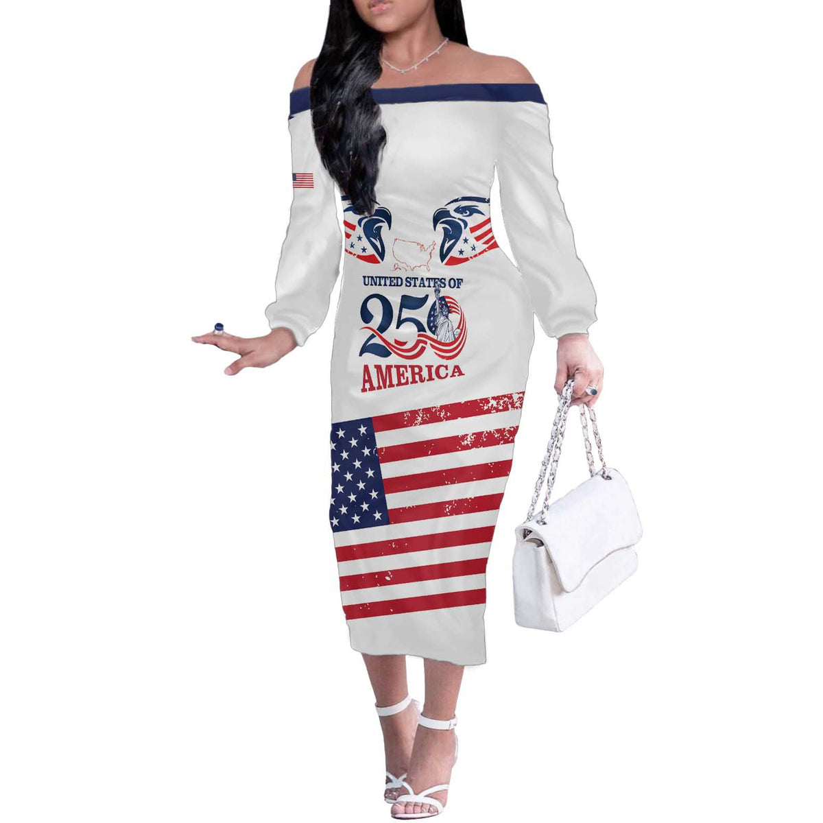 Personalized United States 250th Anniversary Off The Shoulder Long Sleeve Dress USA 4th Of July Proud - Wonder Print Shop
