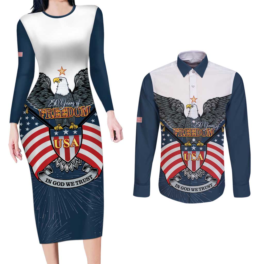 Personalized United States 4th Of July Couples Matching Long Sleeve Bodycon Dress and Long Sleeve Button Shirt 250 Years Of Freedom USA Power Eagle - Wonder Print Shop
