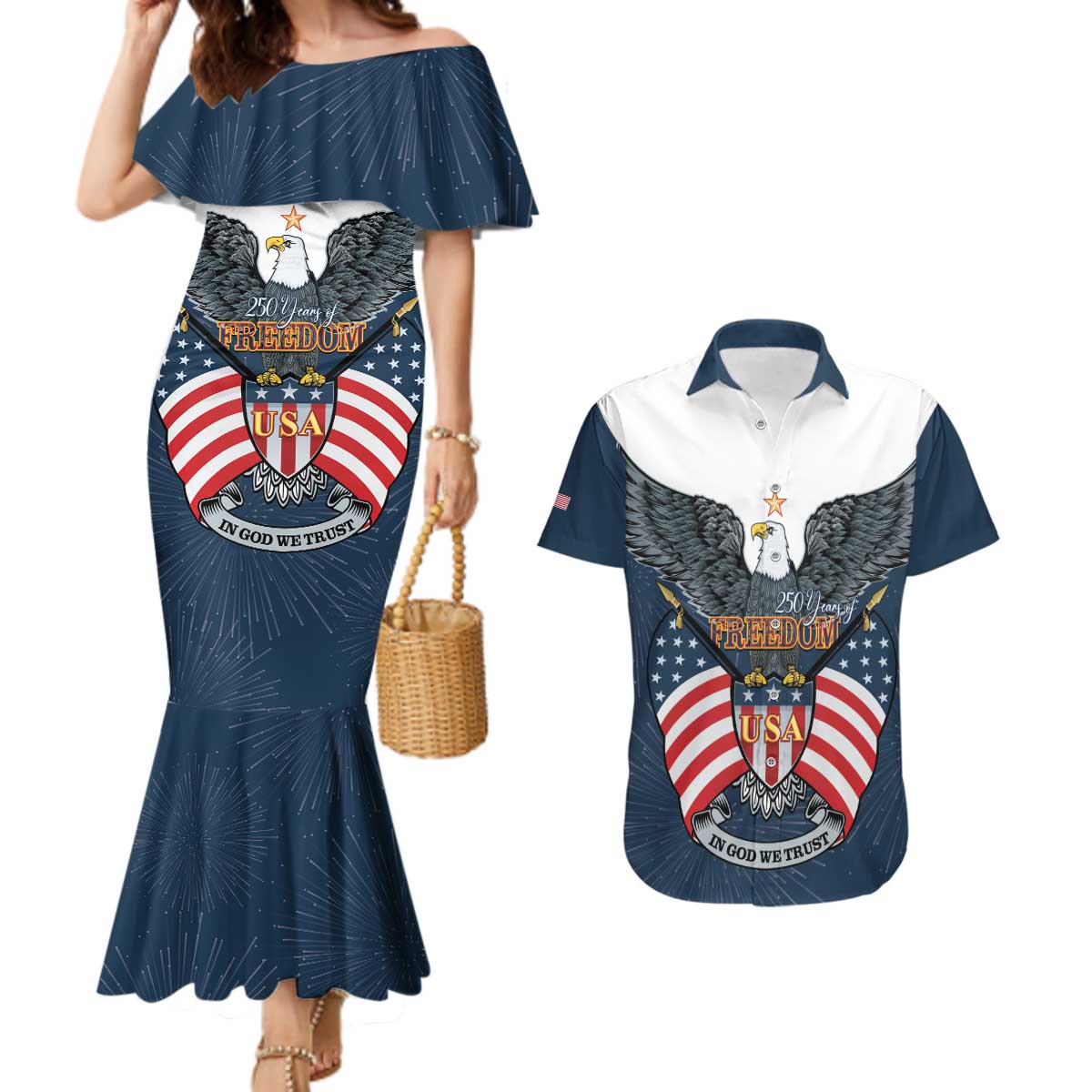 Personalized United States 4th Of July Couples Matching Mermaid Dress and Hawaiian Shirt 250 Years Of Freedom USA Power Eagle - Wonder Print Shop
